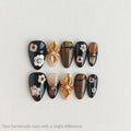 Black Brown Gold Floral Short Almond Press-On Nails