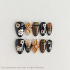 Black Brown Gold Floral Short Almond Press-On Nails