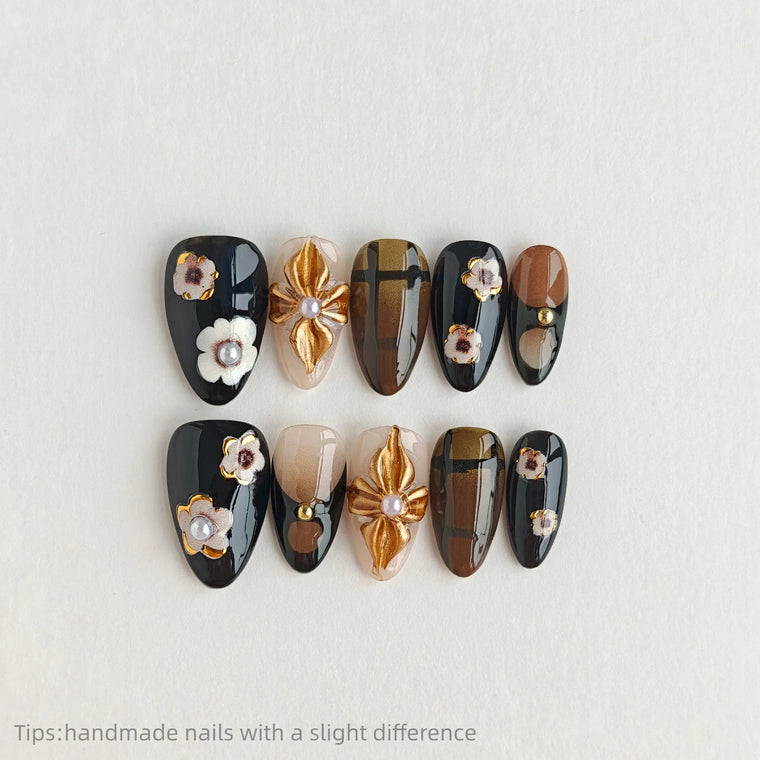 Black Brown Gold Floral Short Almond Press-On Nails