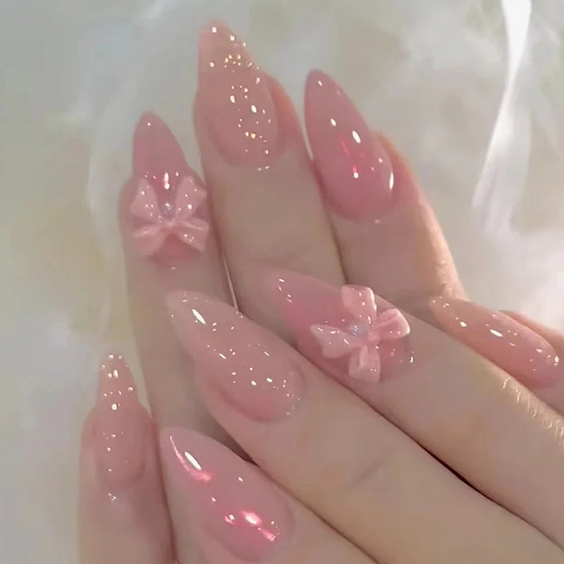 French Almond Press-On Nails with 3D Flower & Stars