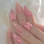 French Almond Press-On Nails with 3D Flower & Stars