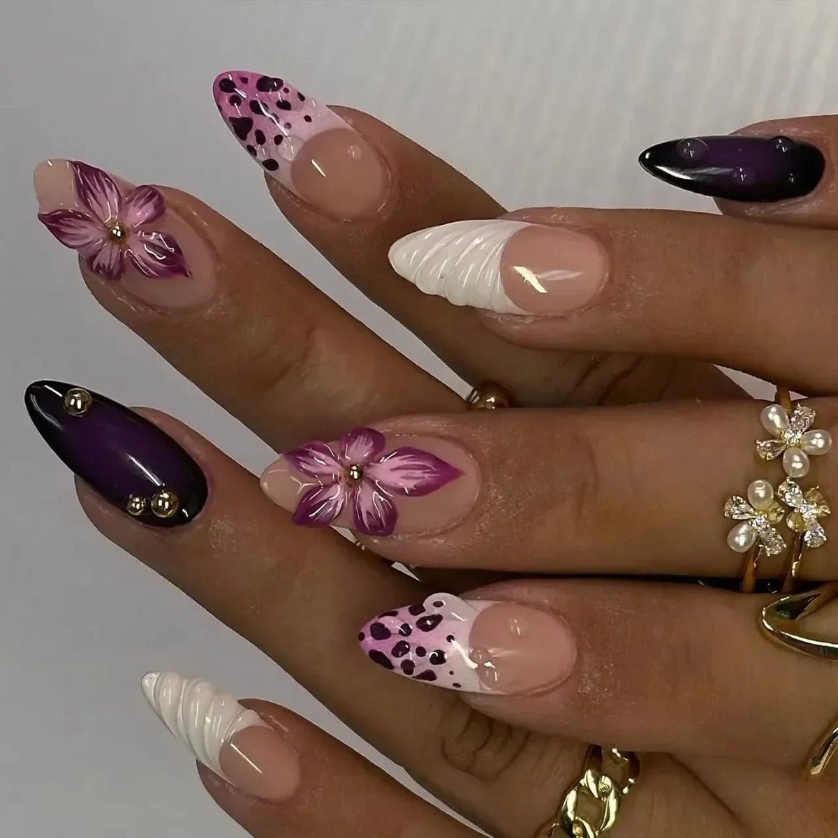 Leopard Print Almond Press-On Nails with Cherry & Star Charms