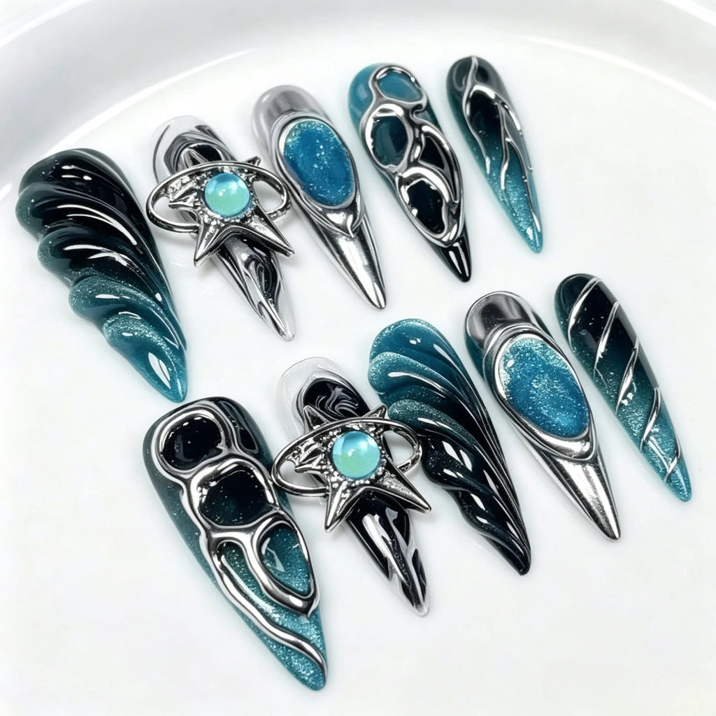 Cyber Eclipse – Blue Chrome Almond Press-On Nails