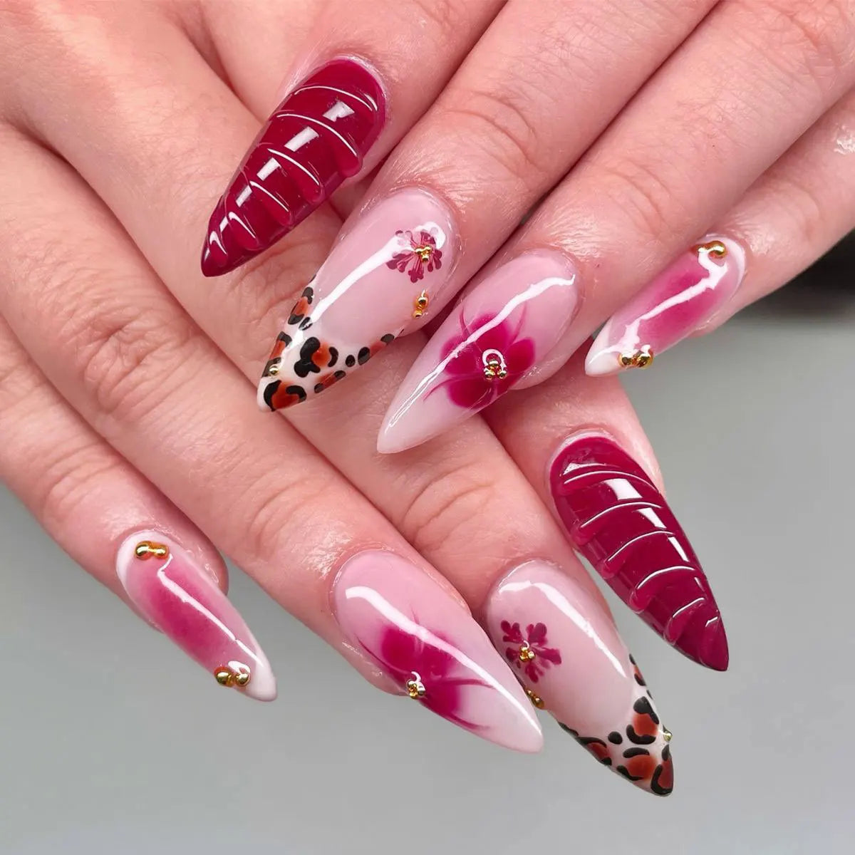 Long White French Stiletto Press-On Nails with Flowers