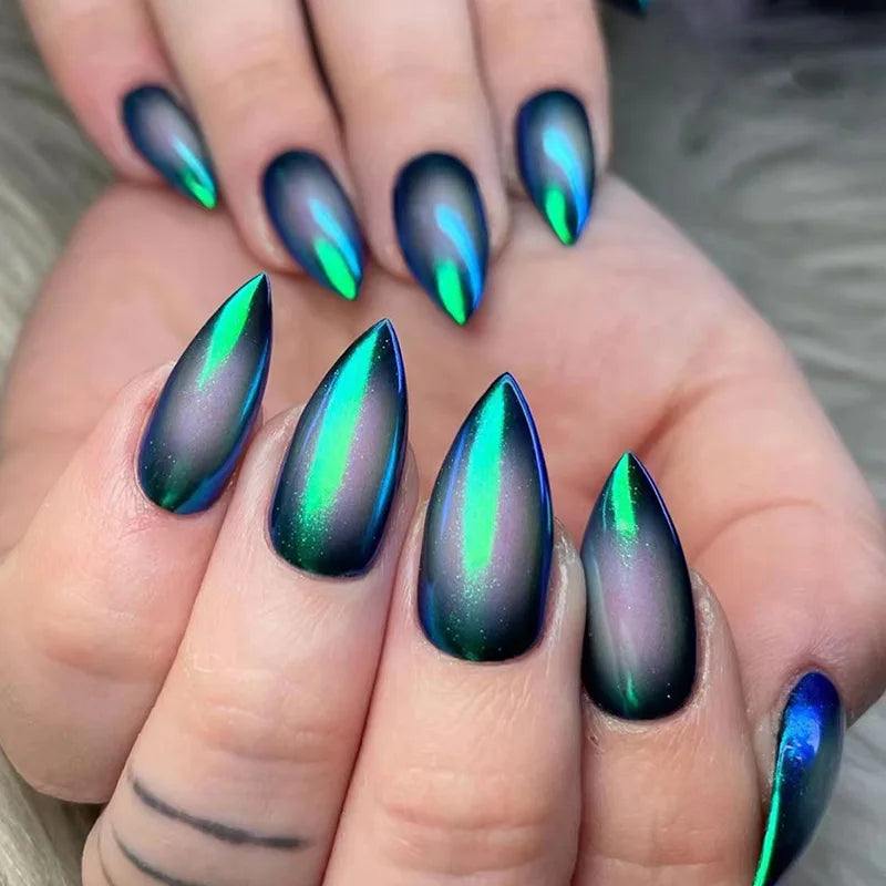 Short Green Smudge Almond Press-On Nails