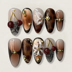 Brown French Almond Press-On Nails with Cherry Flowers