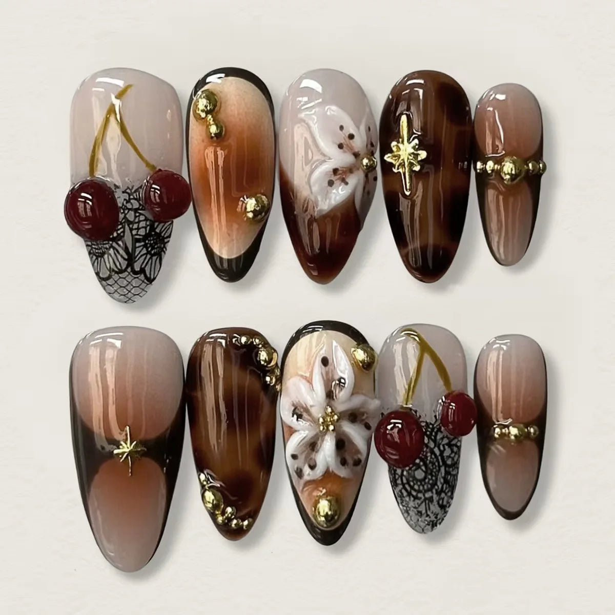 Brown French Almond Press-On Nails with Cherry Flowers
