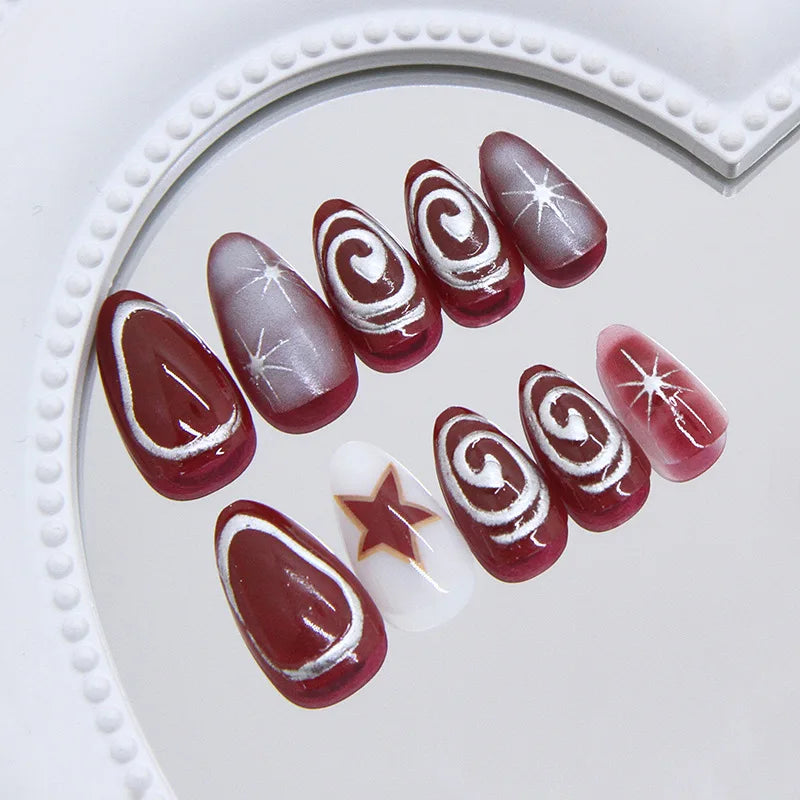 Short Red Star Almond Press-On Nails