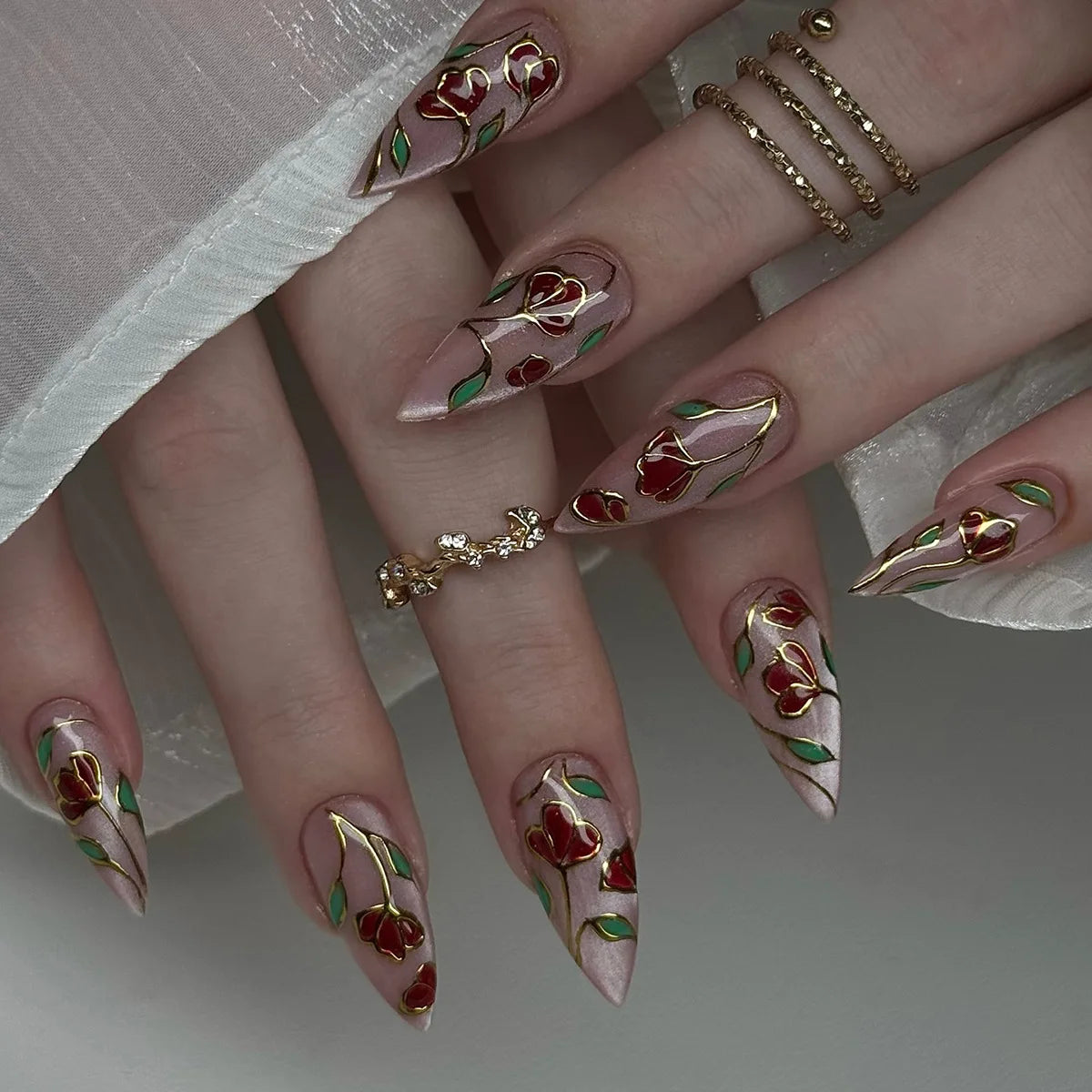 Retro Wine Red Almond Press-On Nails with Gold Bow