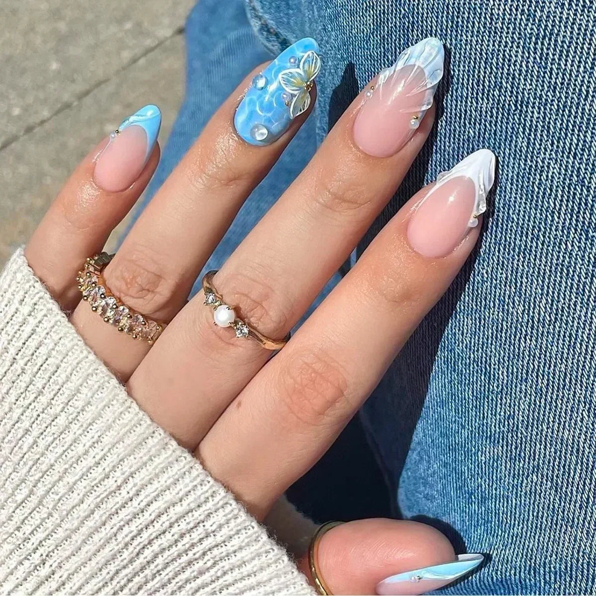Amber Brown Almond Press-On Nails with Rhinestones & Pearls