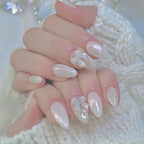 French Almond Press-On Nails with 3D Flower & Stars