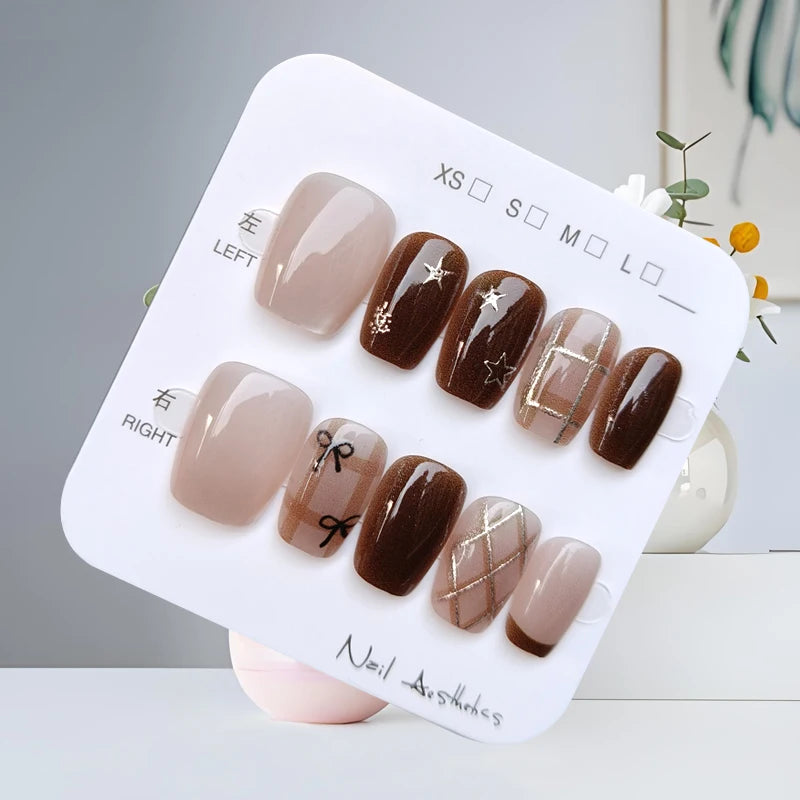 Brown Cat Eye Press-On Nails with Rhinestones