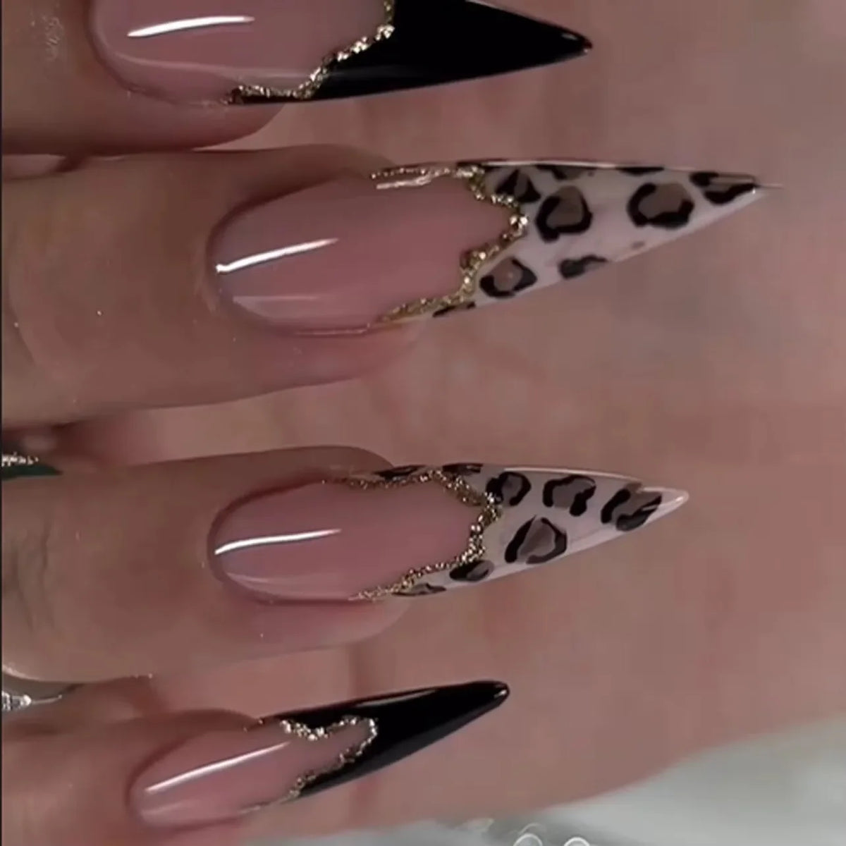 Leopard Print Almond Press-On Nails with Cherry & Star Charms