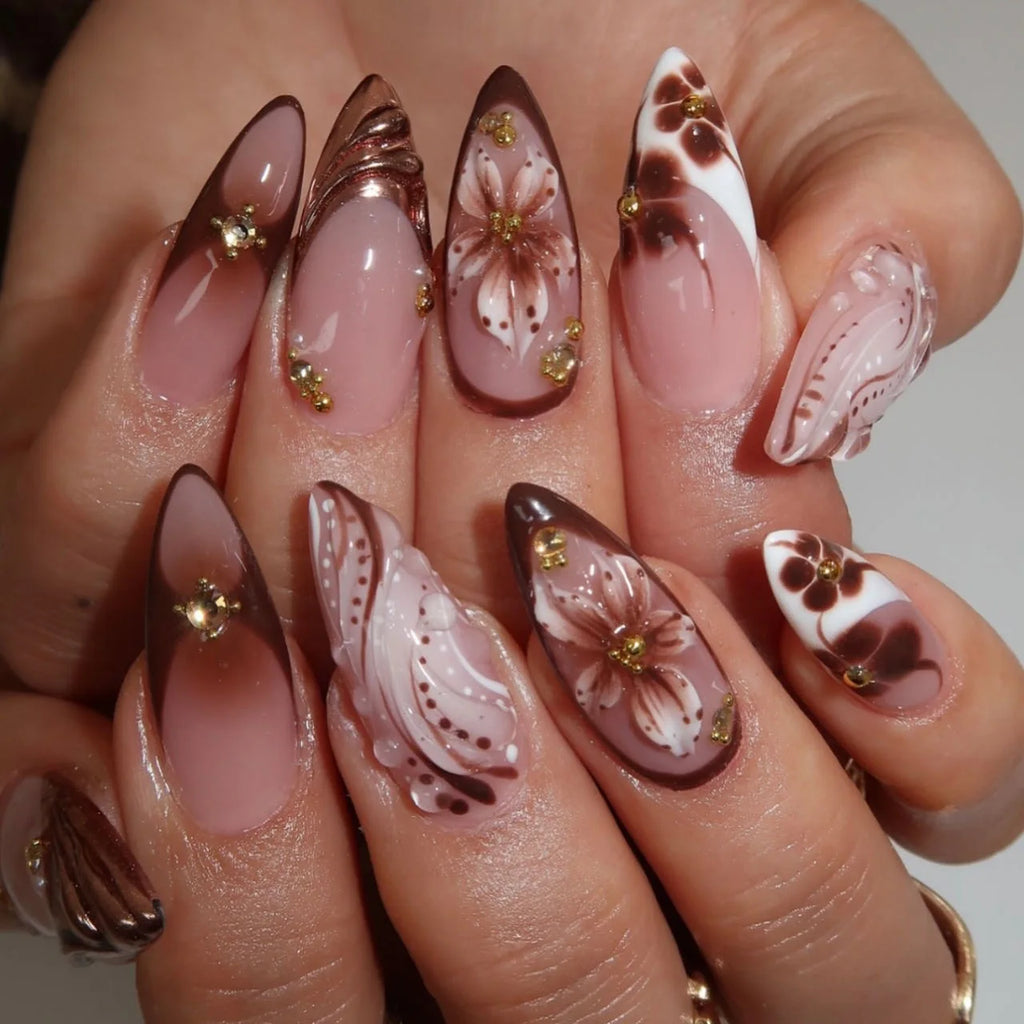 Long White French Stiletto Press-On Nails with Flowers