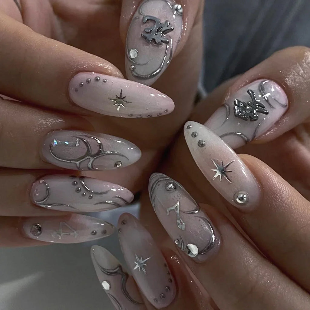 Punk Metallic Stiletto Press-On Nails with Stars