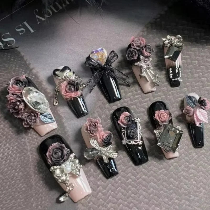 Crimson Cathedral – 3D Rose Coffin Press-On Nails