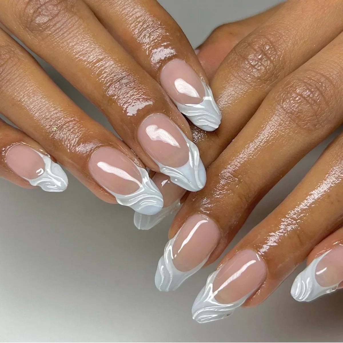 Summer Blue Water Ripple French Almond Press-On Nails