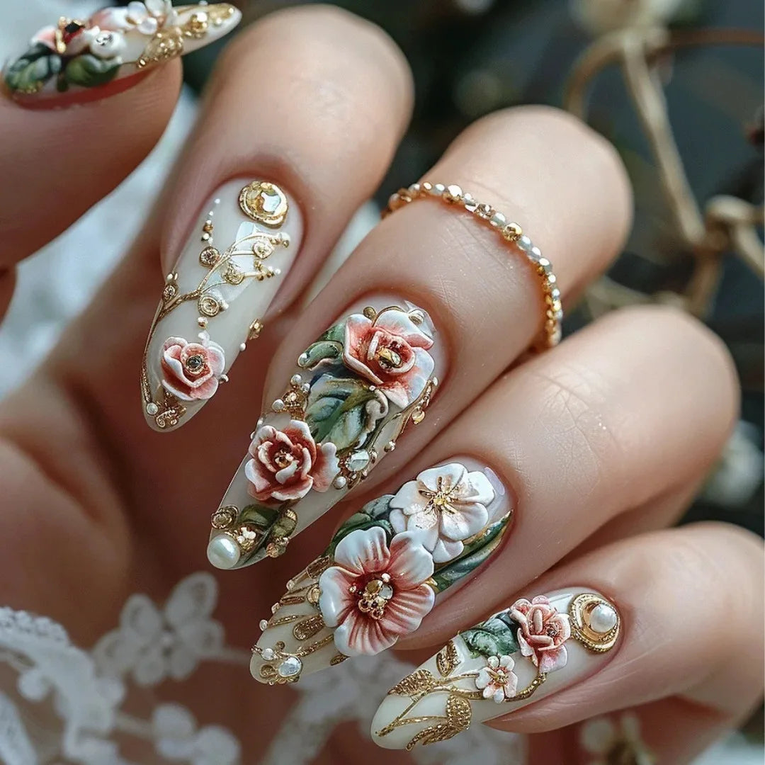 Wine Red Smudge Flower Almond Press-On Nails