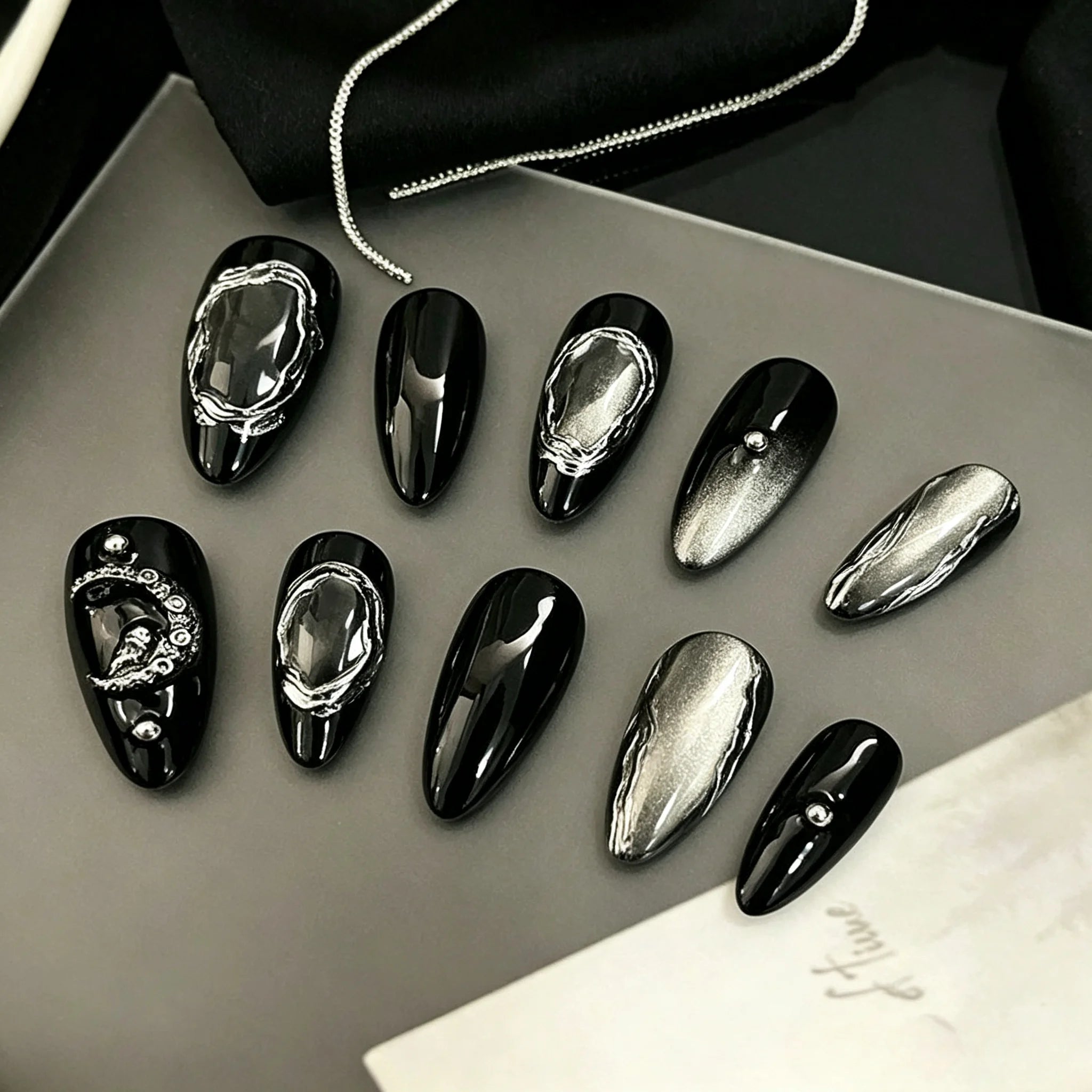 Mirror Hex – Black Silver Chrome Almond Press-On Nails