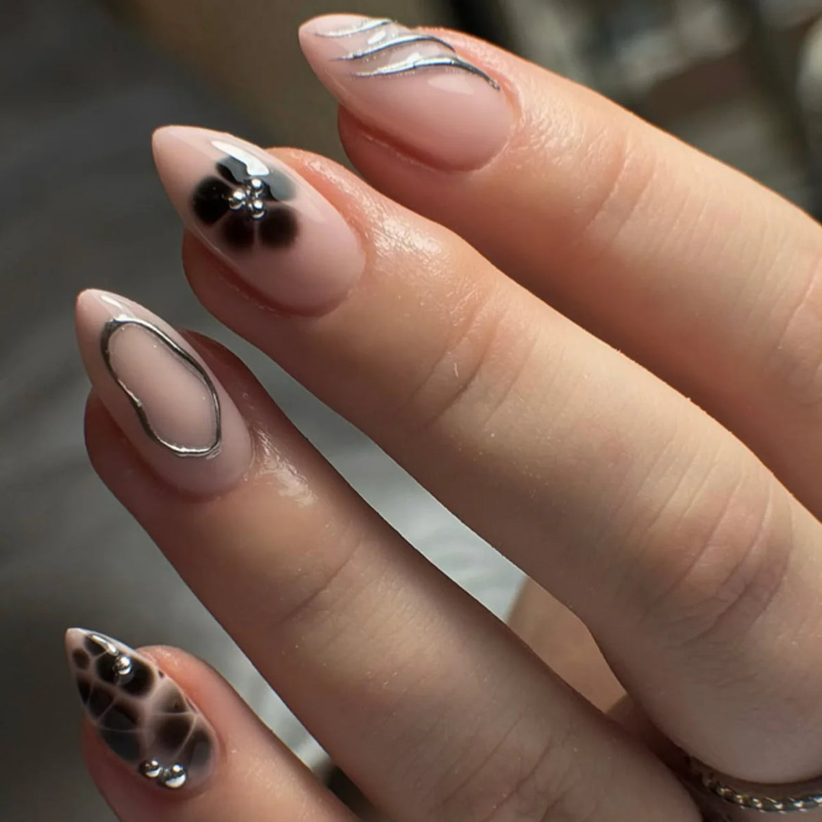 3D Silver French Almond Press-On Nails