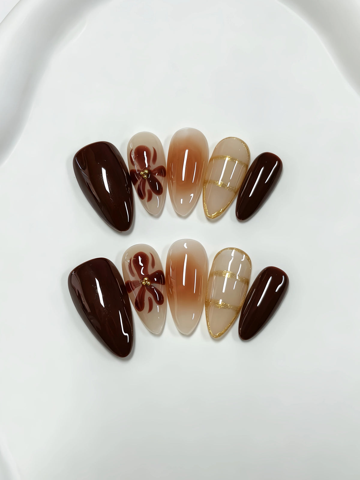Caramel Gradient Floral Almond Press-On Nails