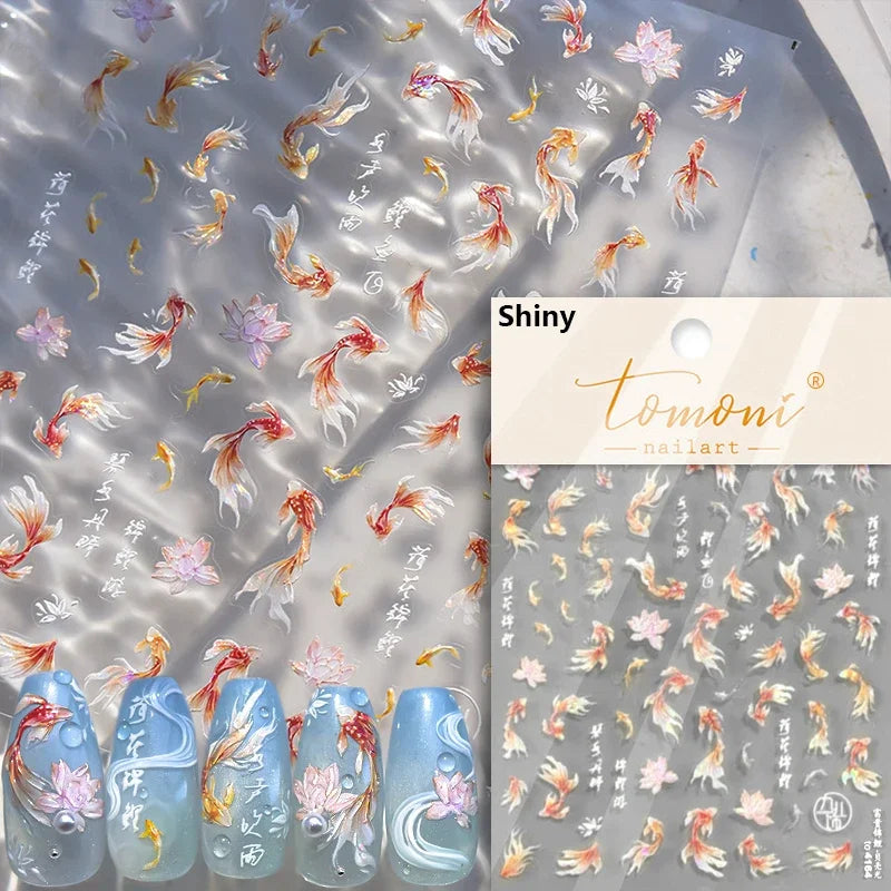 Cute Koi & Lotus Nail Art Stickers - Mermaid Sea Decals
