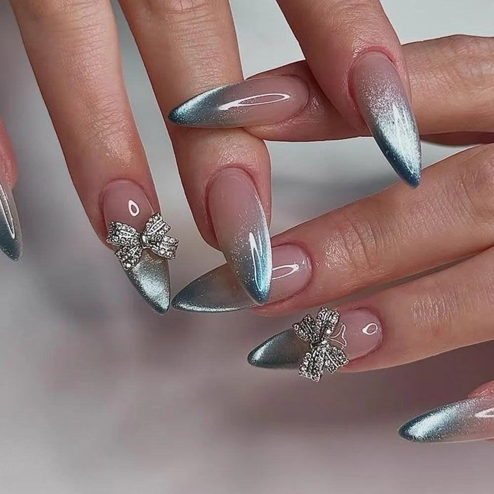 French Almond Press-On Nails with 3D Flower & Stars
