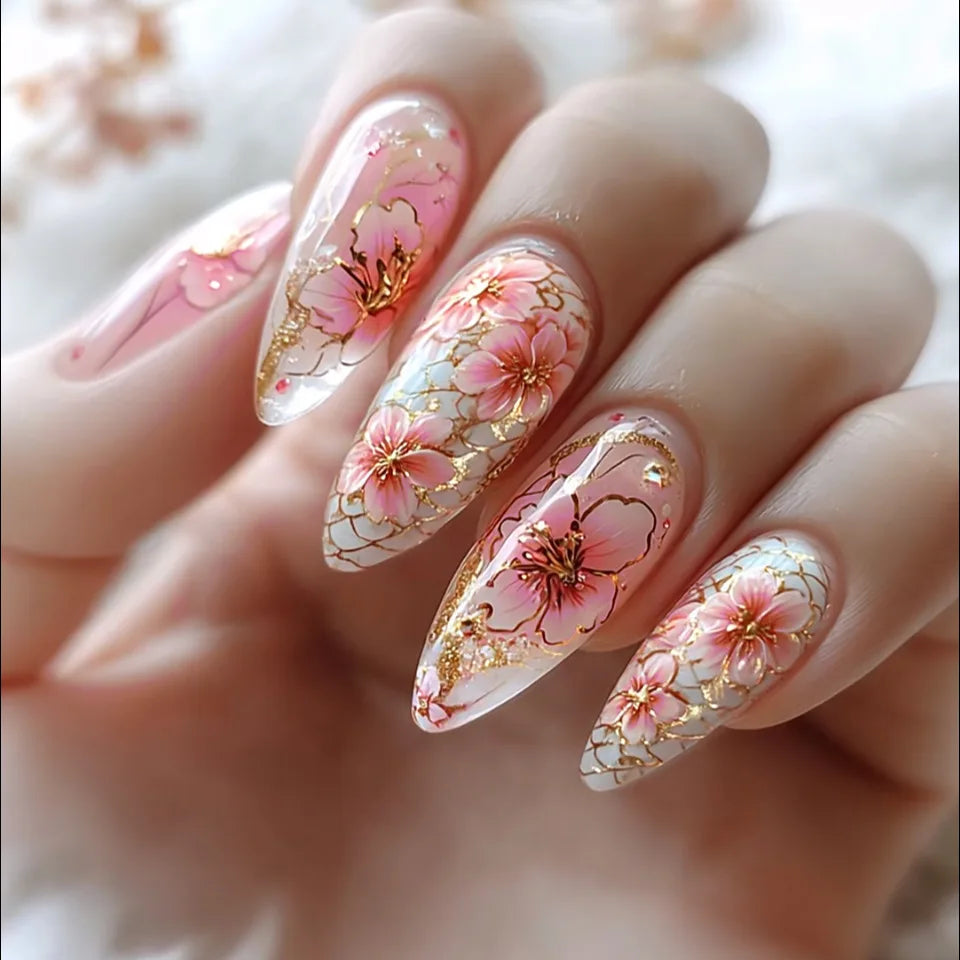 Wine Red Smudge Flower Almond Press-On Nails