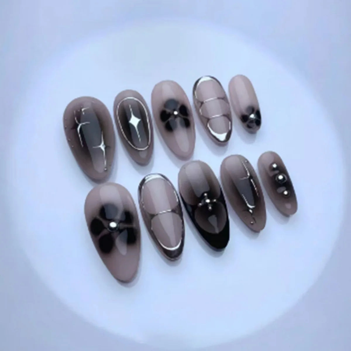 Black Floral Almond Press-On Nails