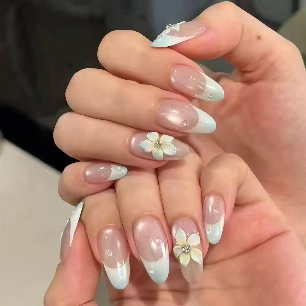 Long White French Stiletto Press-On Nails with Flowers