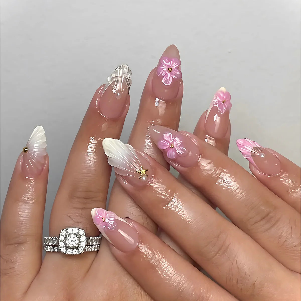 French Almond Press-On Nails with 3D Flower & Stars