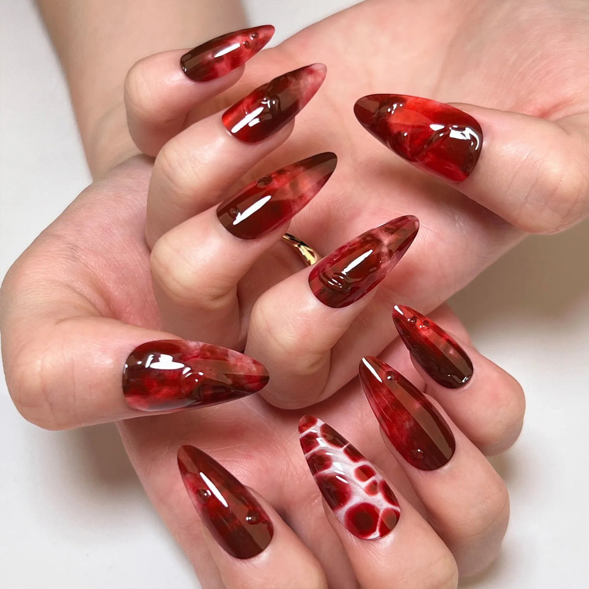 Halloween Red Flame Stiletto Press-On Nails with Blood Drips