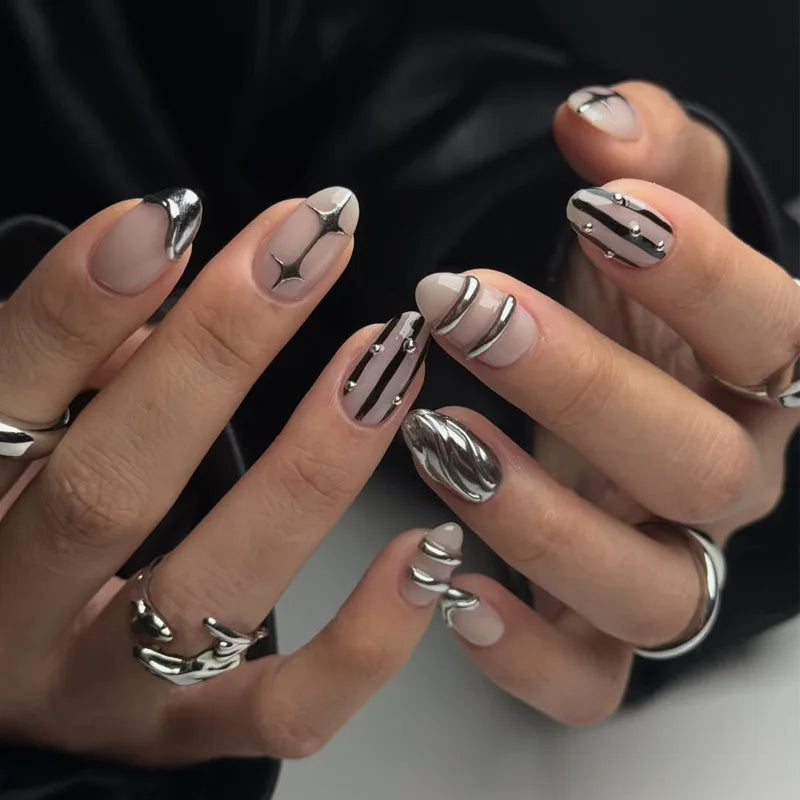 3D Silver French Almond Press-On Nails