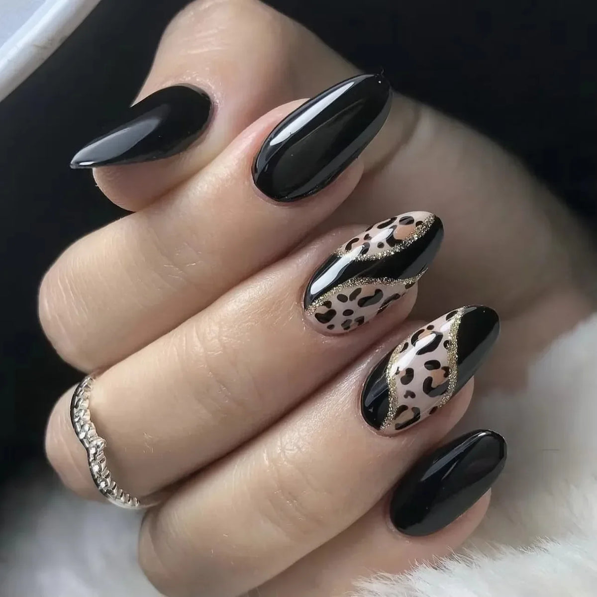 Leopard Print Almond Press-On Nails with Cherry & Star Charms