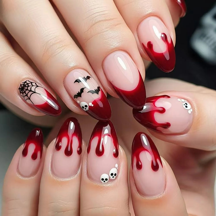 Halloween Blood French Almond Press-On Nails with Spider Web
