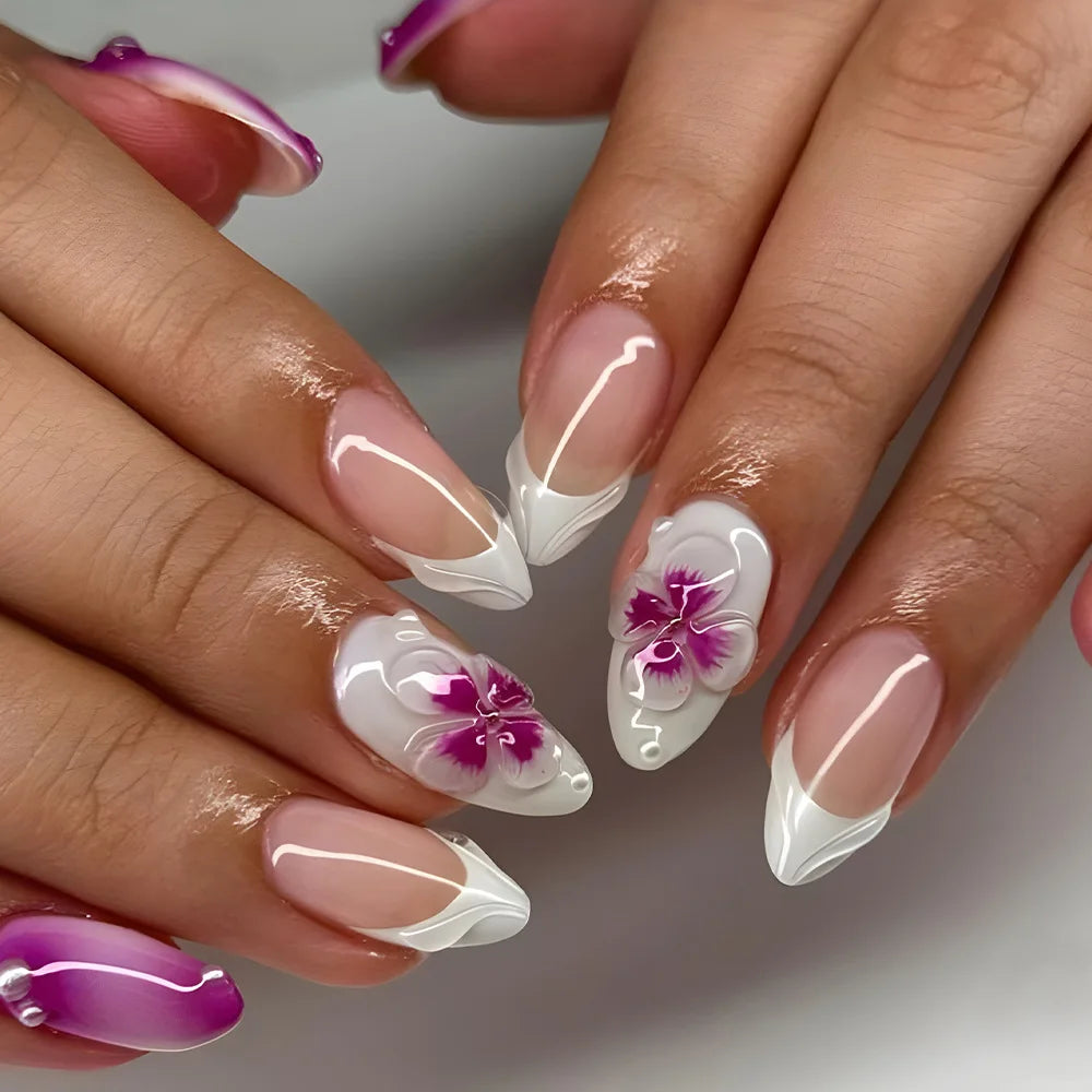 French Almond Press-On Nails with 3D Flower & Stars