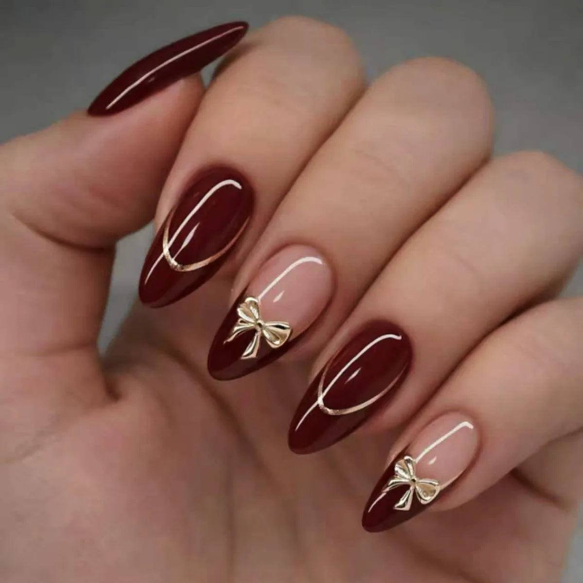 Retro Wine Red Almond Press-On Nails with Gold Bow