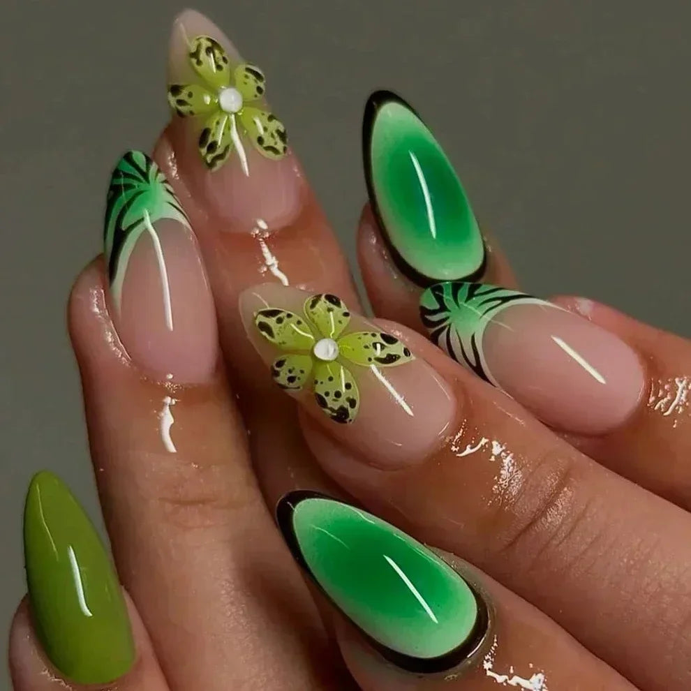 Amber Brown Almond Press-On Nails with Rhinestones & Pearls