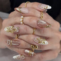 Retro Wine Red Almond Press-On Nails with Gold Bow