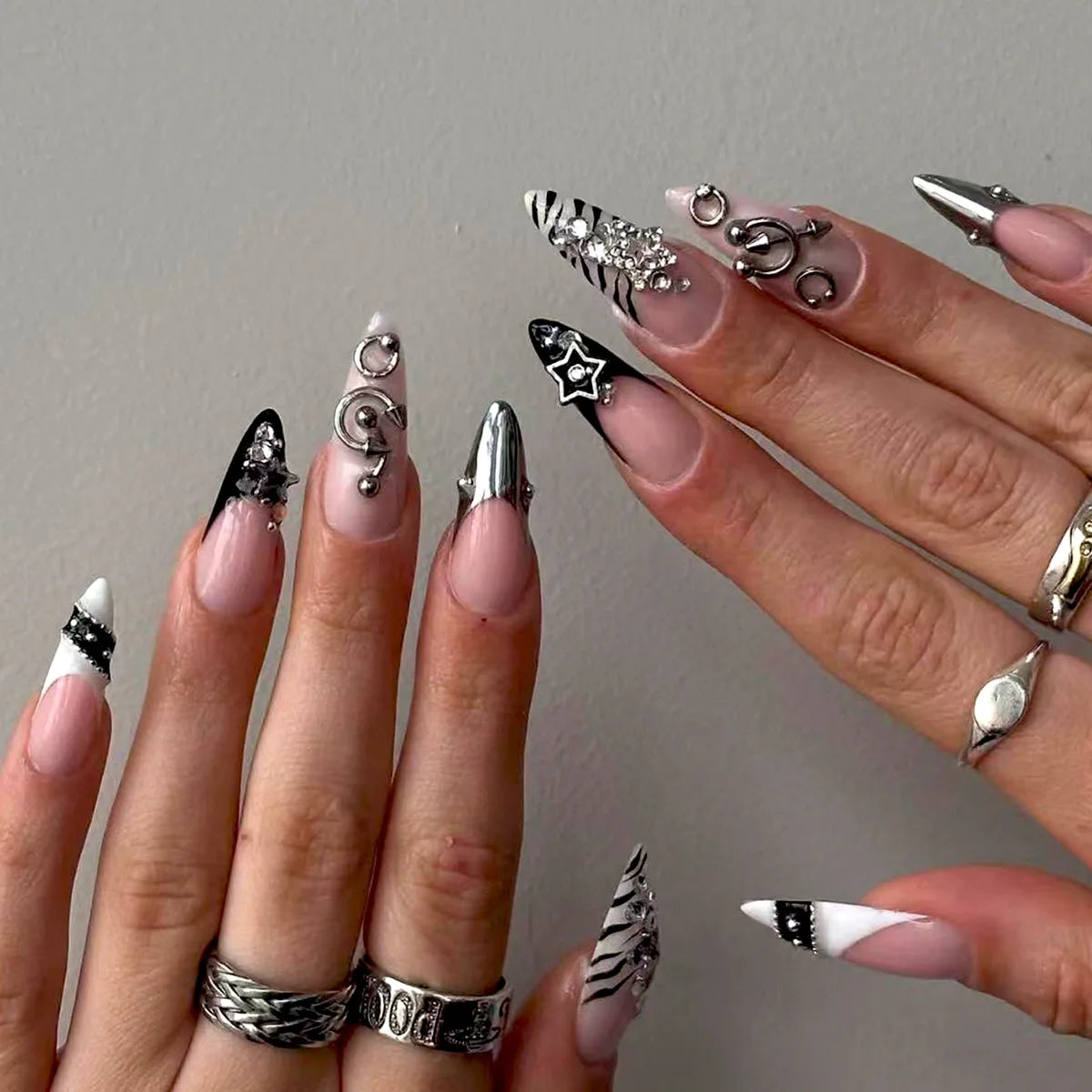 Black Gradient Stiletto Press-On Nails with Silver Lines