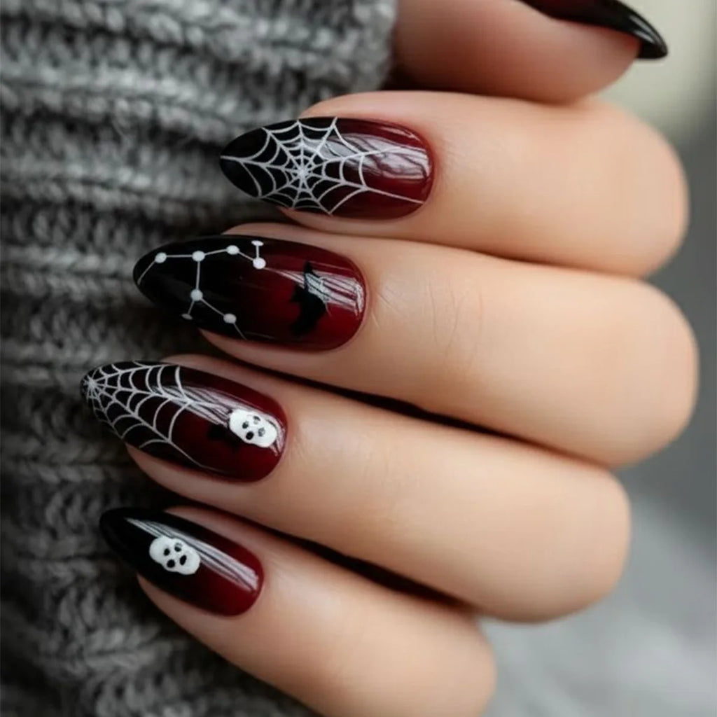 Halloween Blood French Almond Press-On Nails with Spider Web