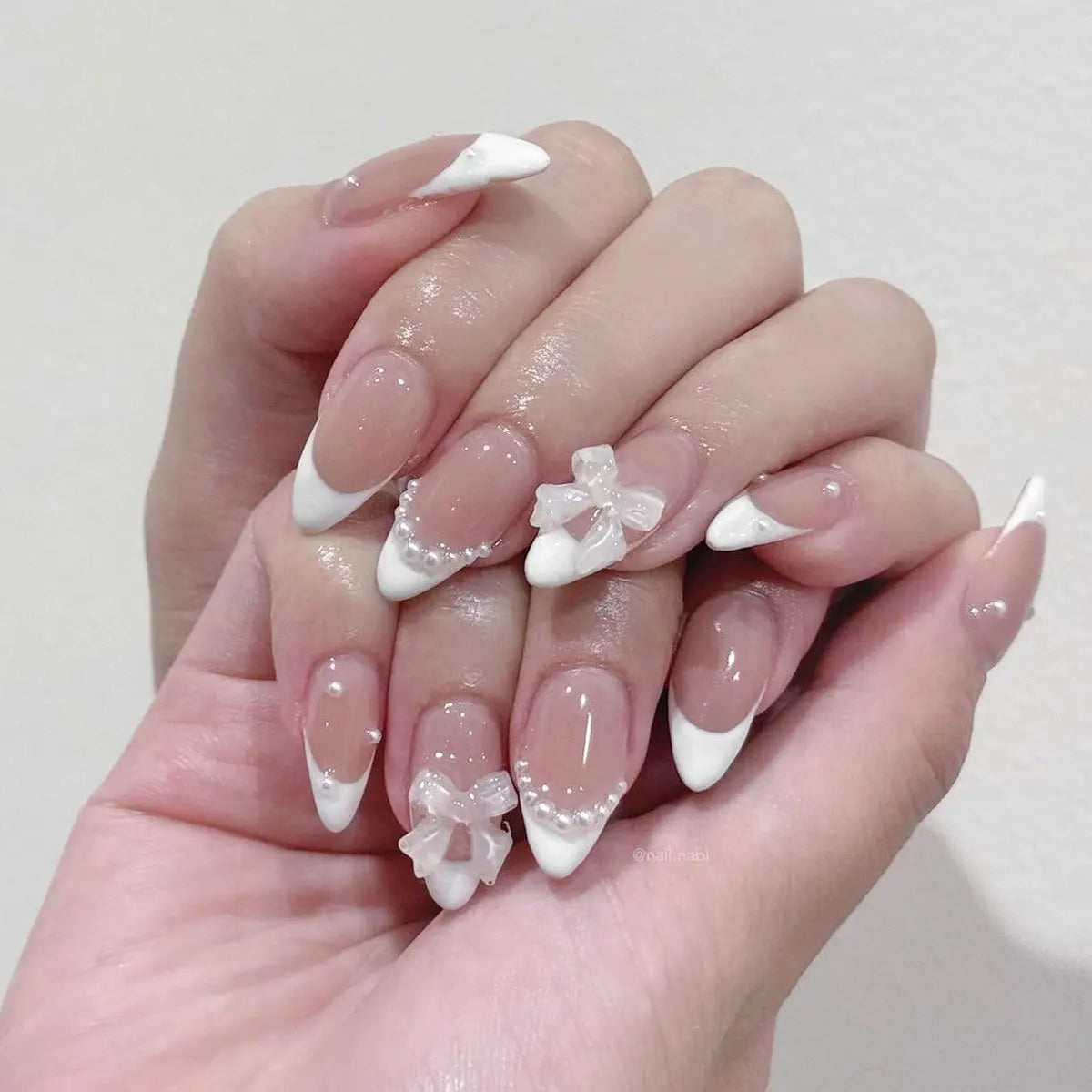 French Almond Press-On Nails with 3D Flower & Stars