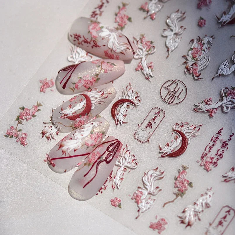 Nine-Tailed Fox Red Flower Nail Art Stickers