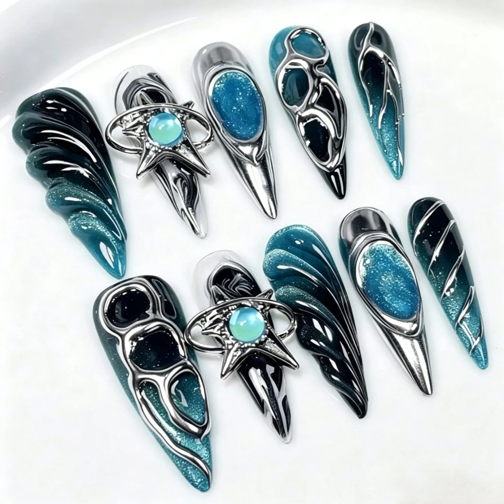 Cyber Eclipse – Blue Chrome Almond Press-On Nails