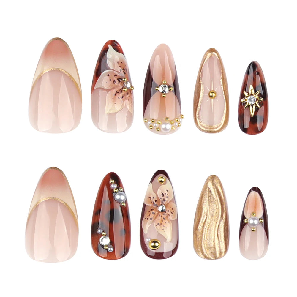 Gold Ripple Brown Floral Almond Press-On Nails