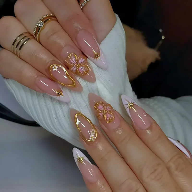 French Almond Press-On Nails with 3D Flower & Stars