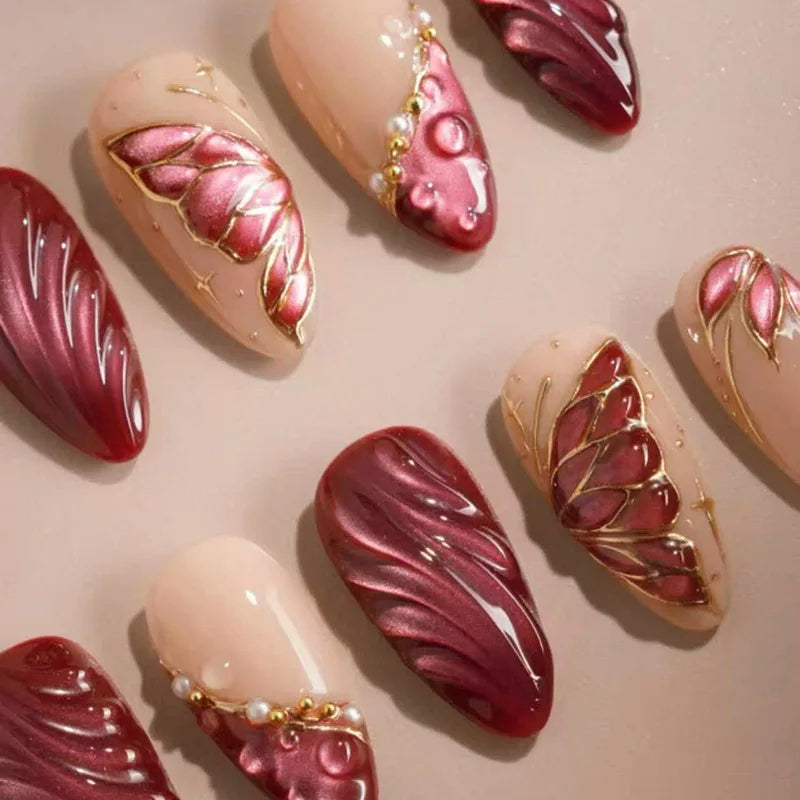 Retro Wine Red Almond Press-On Nails with Gold Bow