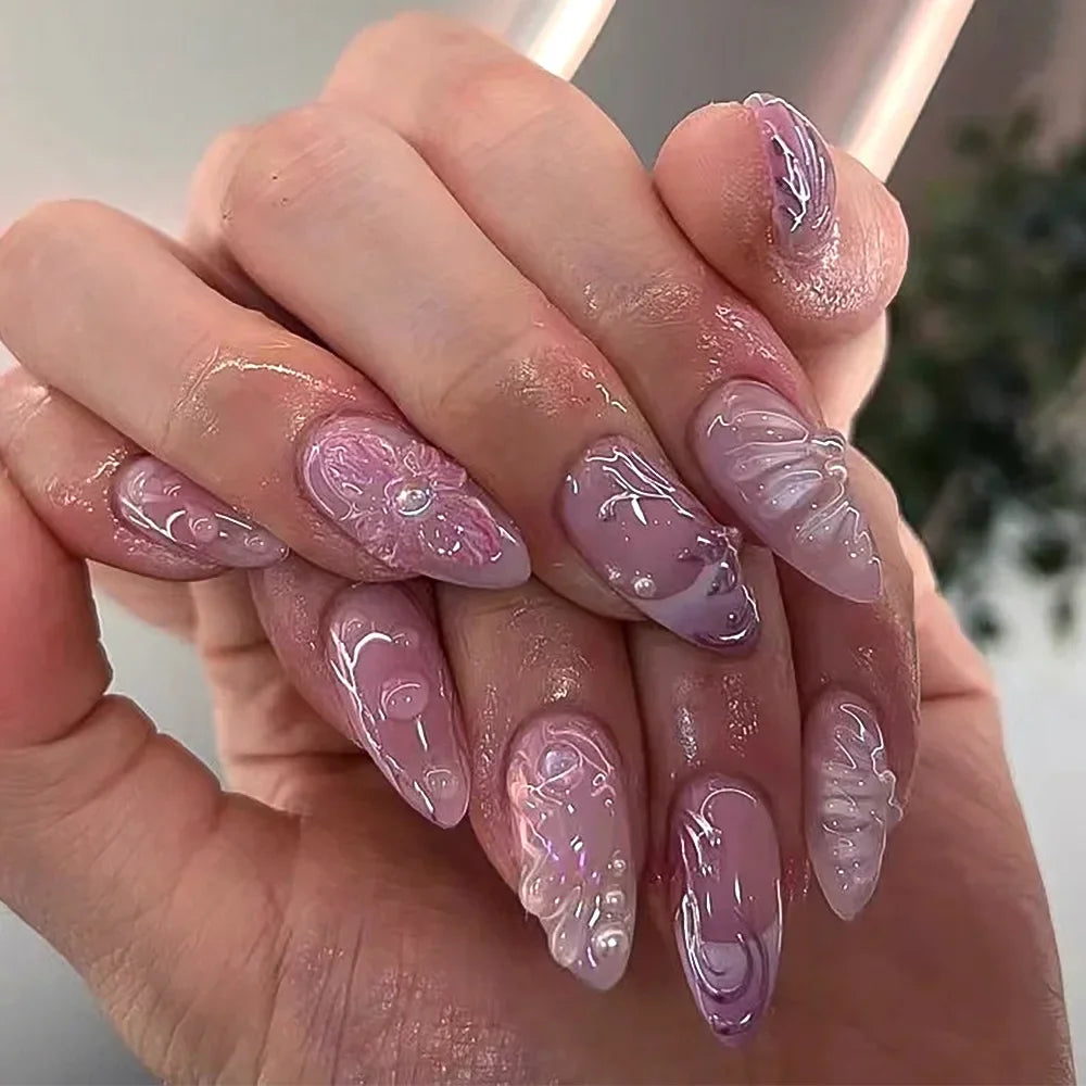 Summer Blue Water Ripple French Almond Press-On Nails