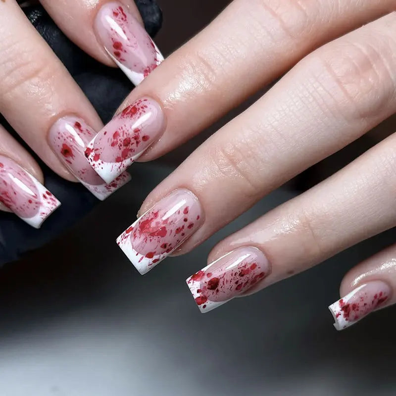 Halloween Blood French Almond Press-On Nails with Spider Web