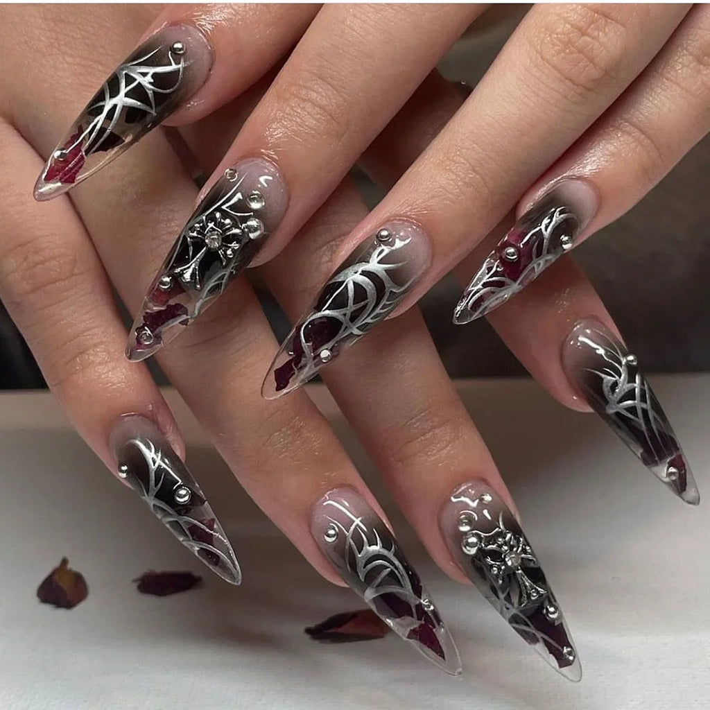Punk Metallic Stiletto Press-On Nails with Stars